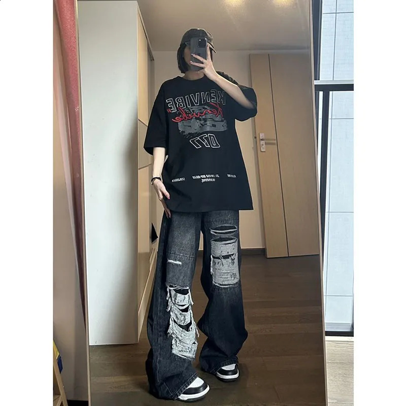 Xpqbb Harajuku Vintage Y2K Jeans for Women American High Street Hole Baggy Denim Pants Female Teens Hip Hop Wide Leg Trousers 240822
