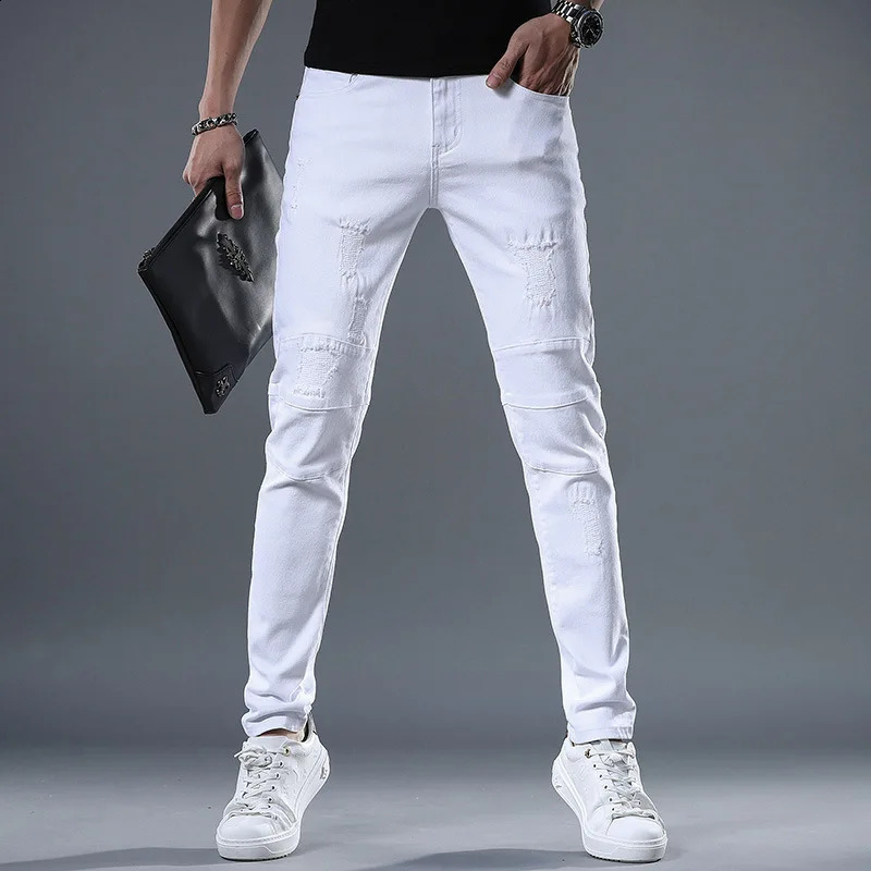 Yellow Red White Jeans Men Fashion Slim Fit Straight Pants Summer Streetwear Ripped Patch Denim Trousers 240821