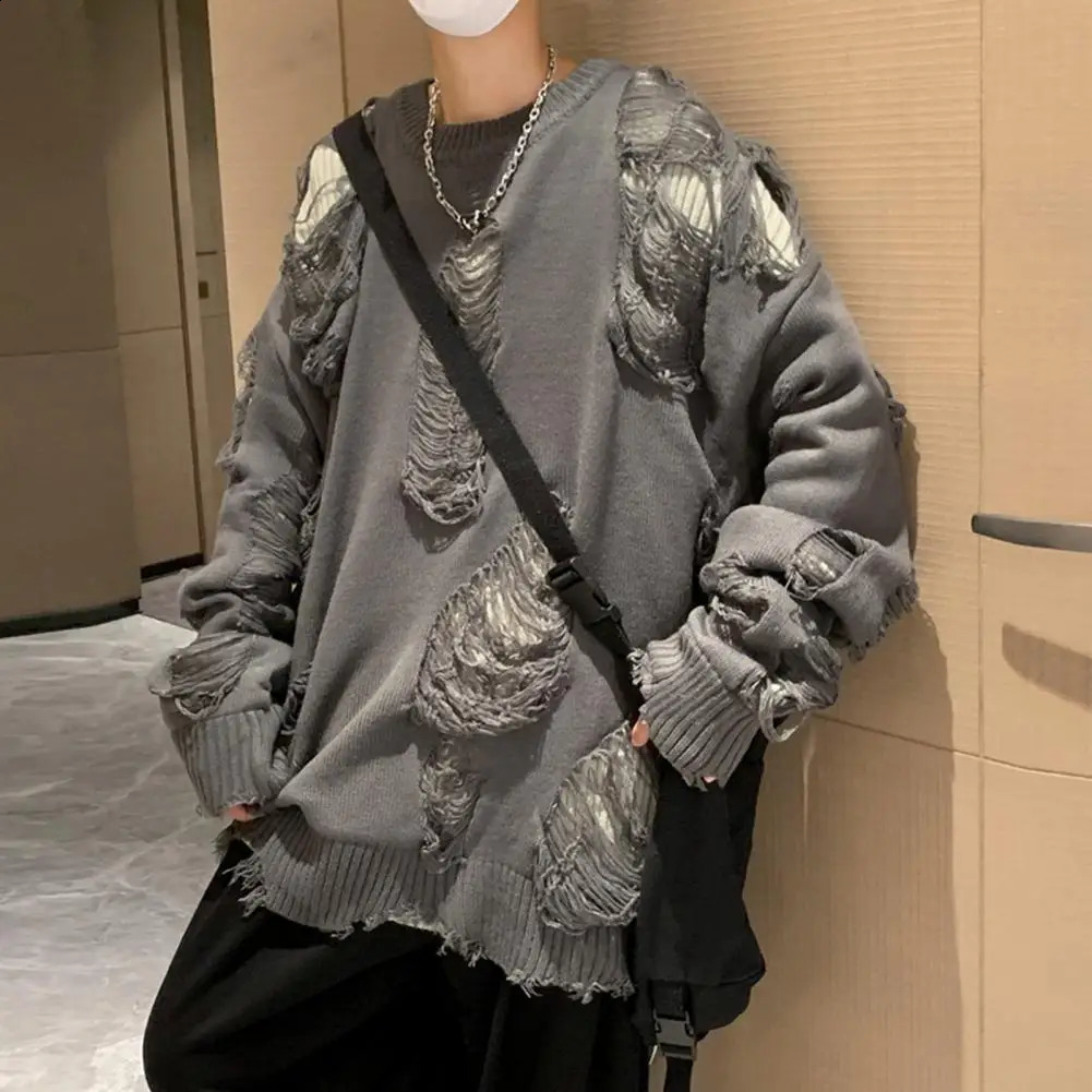 False Two-piece Sweater Solid Color Sweater Hop Inspired Mens Sweater with Ripped n Solid Color Knitted Hollow Out Pattern 240821