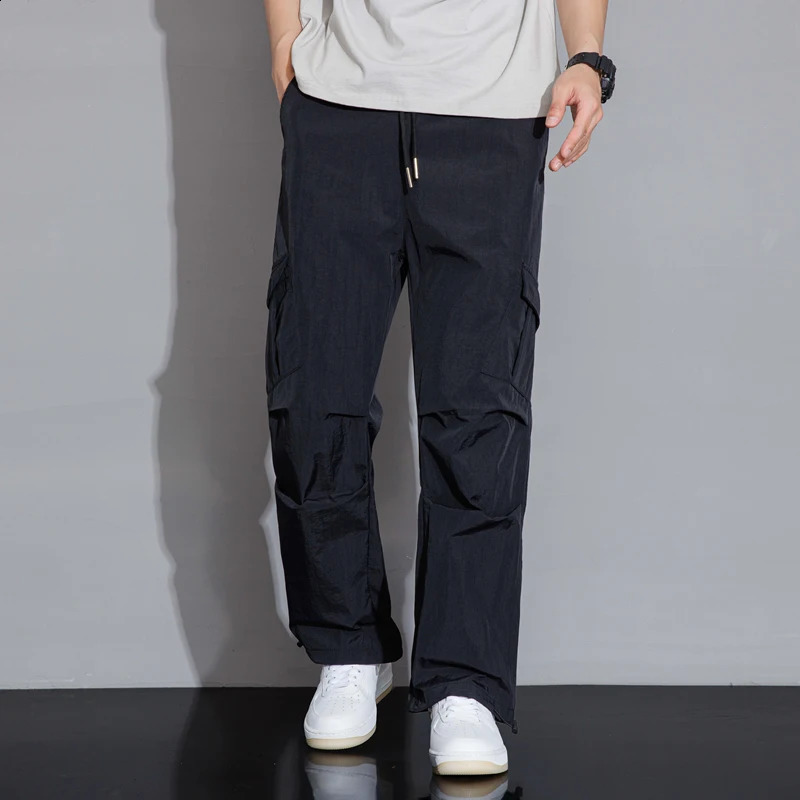 Spring Autumn Mens Solid Color Elastic High Waist Pockets Drawstring Casual Loose Trousers Cargo Straight Preppy Style Pants 240822