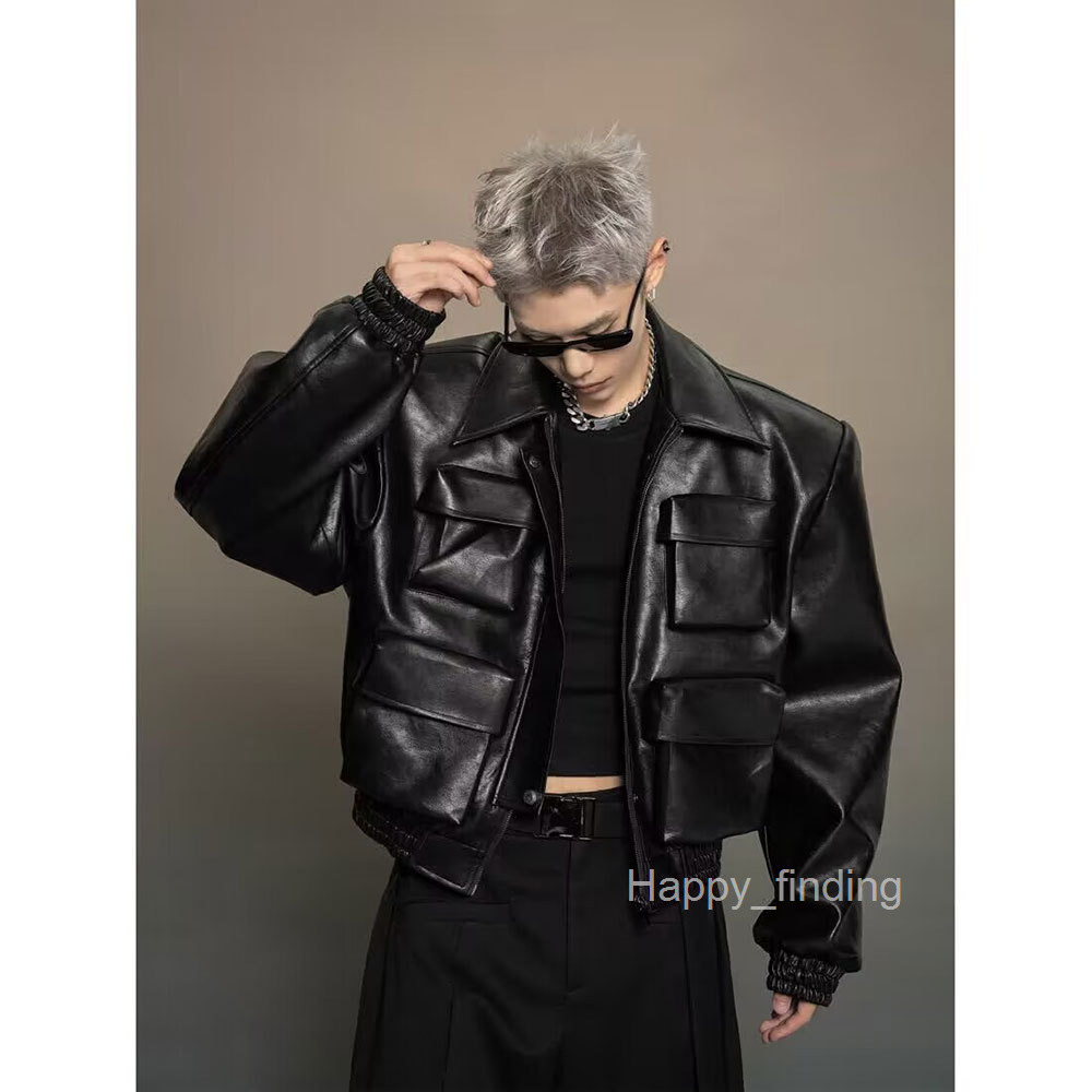 Korean Style Silhouette Design Leather Jacket for Mens Spring and Autumn New Loose Casual Versatile Jacket Top
