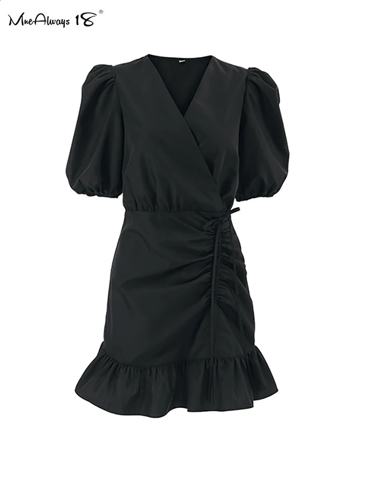 Mnealways18 Black Drawstring Elegant Mini Dress Womens Puff Sleeves Ruffled V-Neck Office Ladies Dress Summer High Waisted 240822