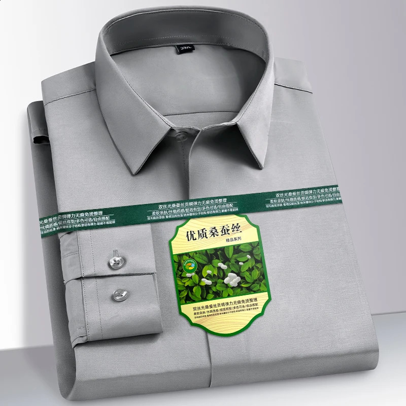 Mens shirts Mulberry silk Spandex Seamless non-ironing anti-wrinkle Silky Stripe Business Casual Long Sleeve Shirt Clothing 240822