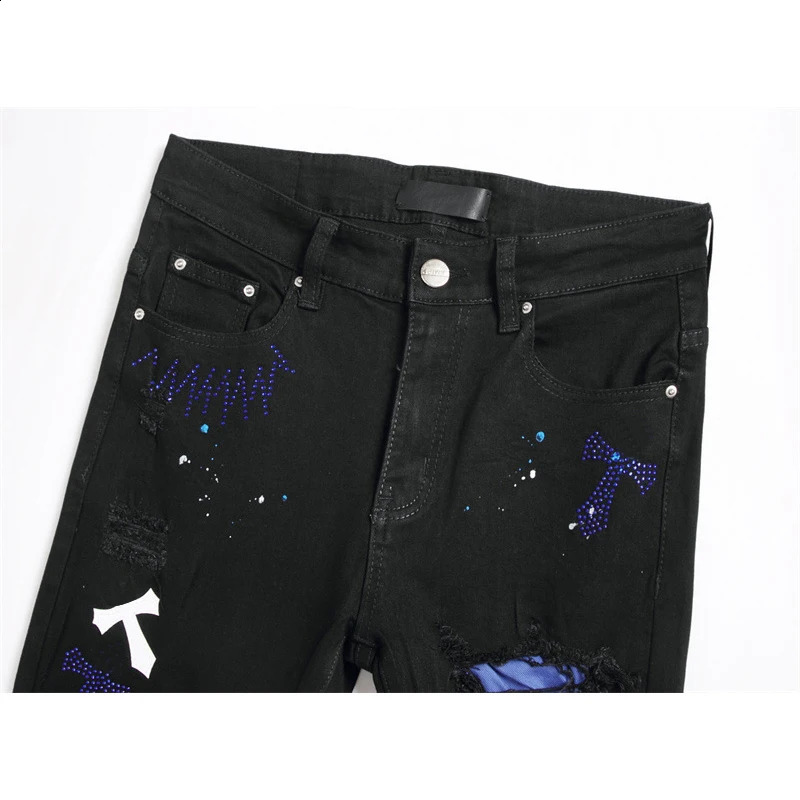 Mens jeans 3109 ripped patch black trend stretch slim legs personalized mens pants 240809