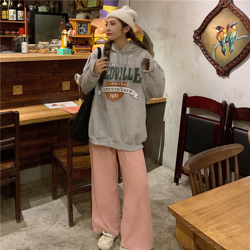 Autumn/Winter New Korean College Letter Printed Thick Velvet Hoodie Women's Long Sleeve BF Style Loose Top dongdumaoyi