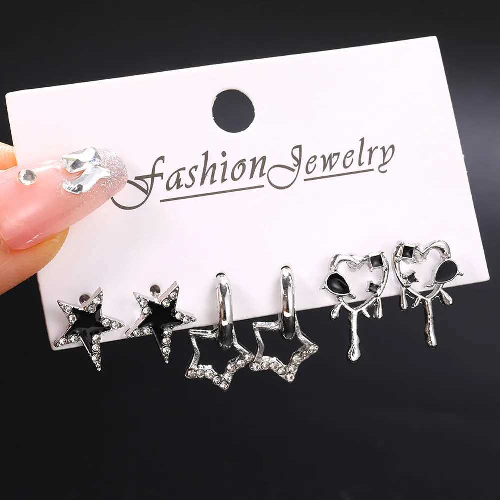 Gothic black crystal star earring set suitable for girls with retro aesthetic earrings and fashionable Y2K jewelry accessories X241106
