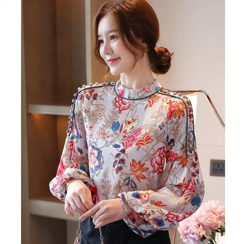 Long sleeved womens shirt Blusas Mujer De Moda printed chiffon top Blusa D419 240822
