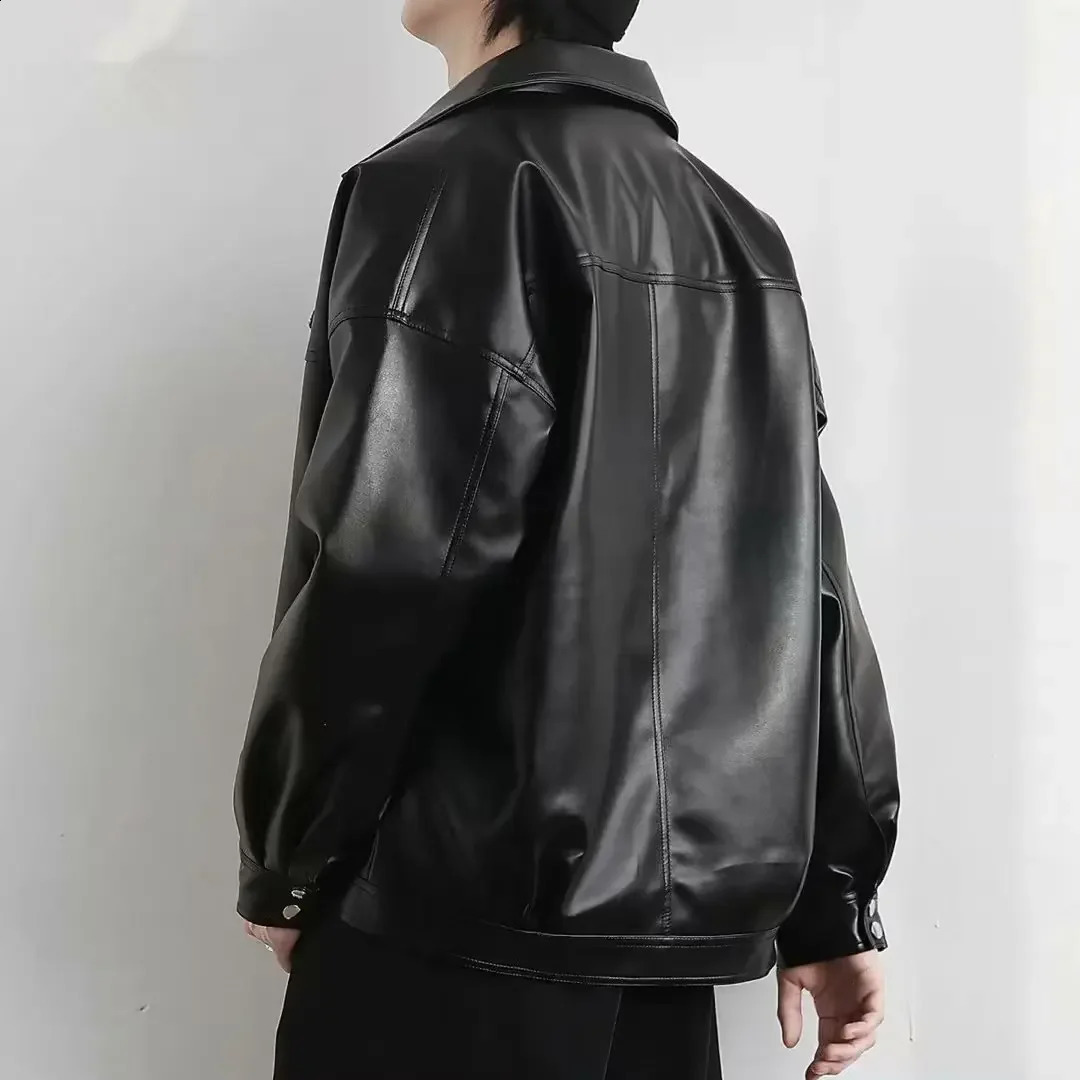 Trendy Korean Style Mens Spring Autumn Lapel Leather Jacket Loose Fit Casual Clothing Vintage Motorcycle Jacket For Men 240822