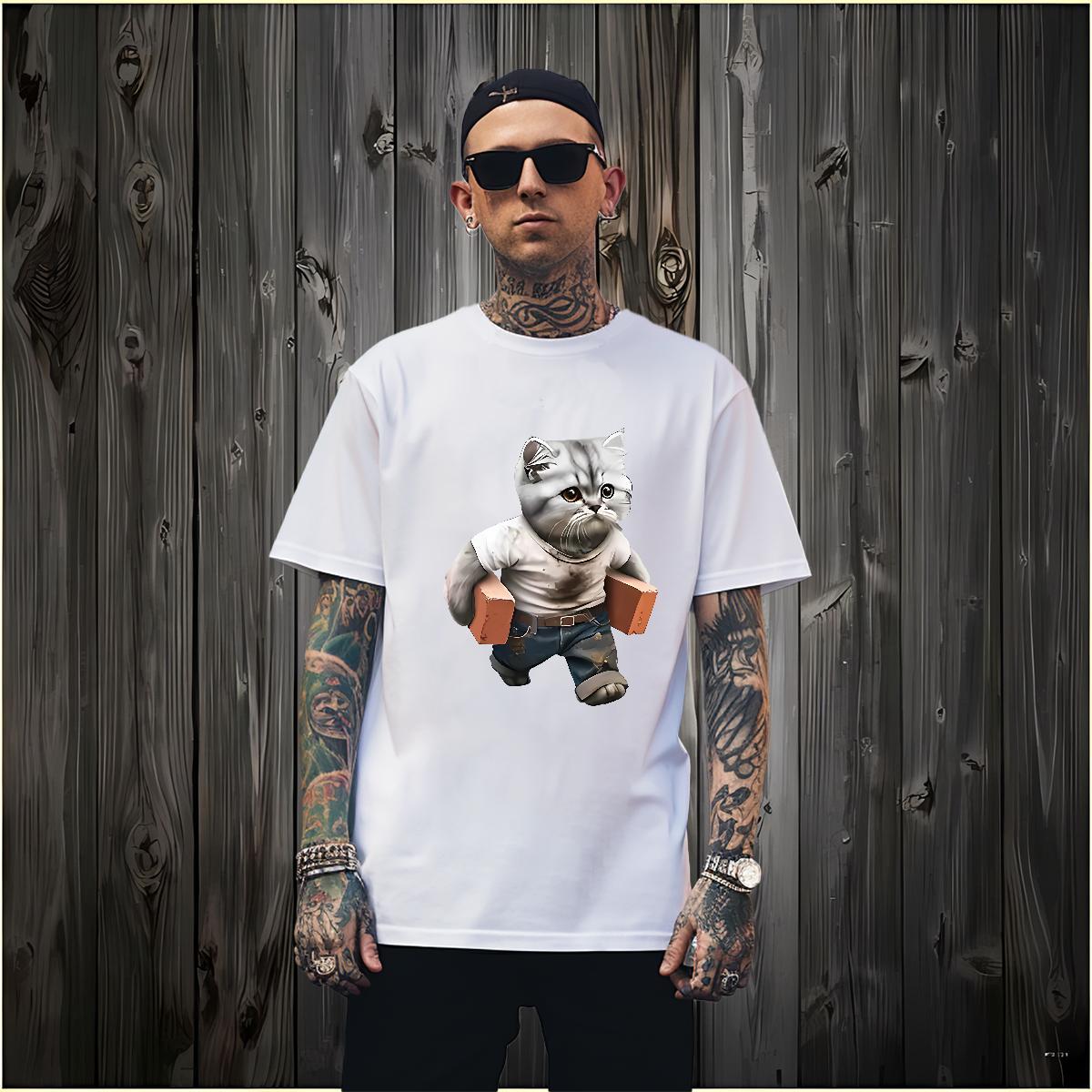 High Quality T-Shirts for Men cat O Neck Short Sleeves Beach Asian Size 230g Pure Cotton Men Tees Classic Casual Tops