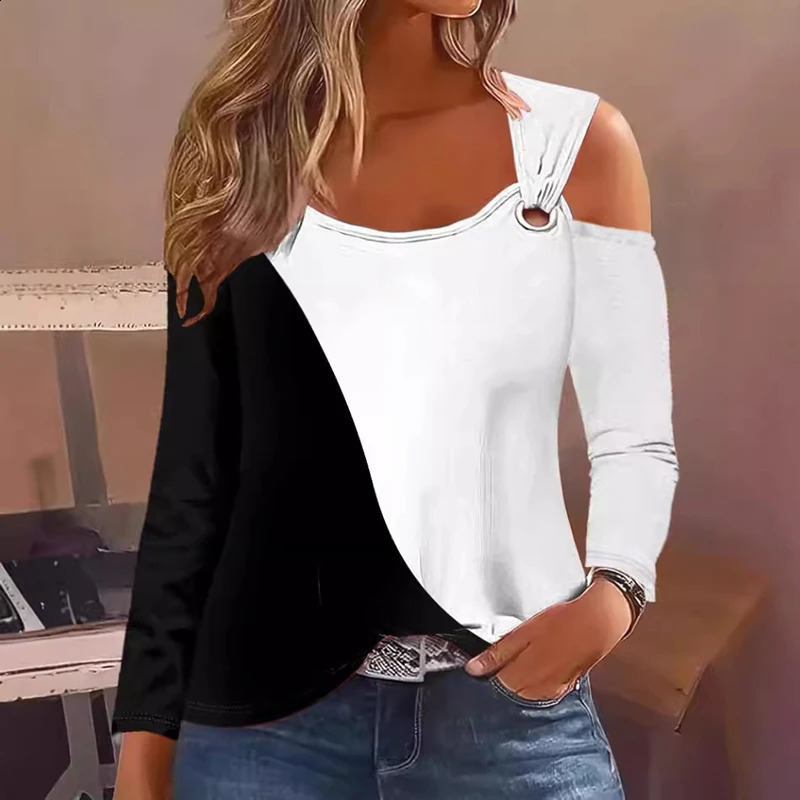 Spring and Autumn Sexy Womens Elegant Top Shoulder Long Sleeve Printed Fashion Shirt 240822