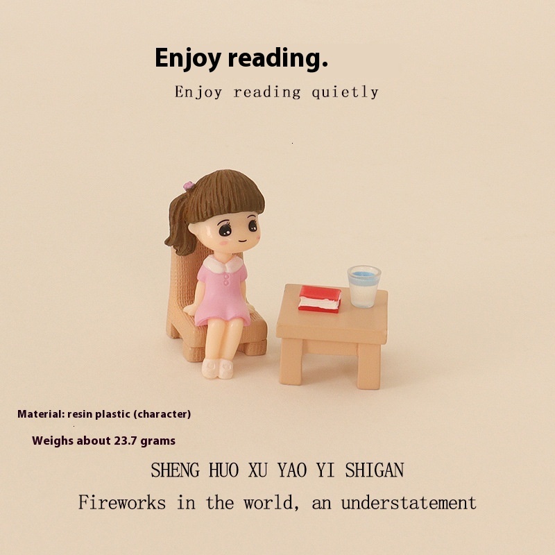 Mini water cup tables chairs, cute boys and girls reading, micro landscape scenes, baby house accessories, home decoration, desktop ornaments