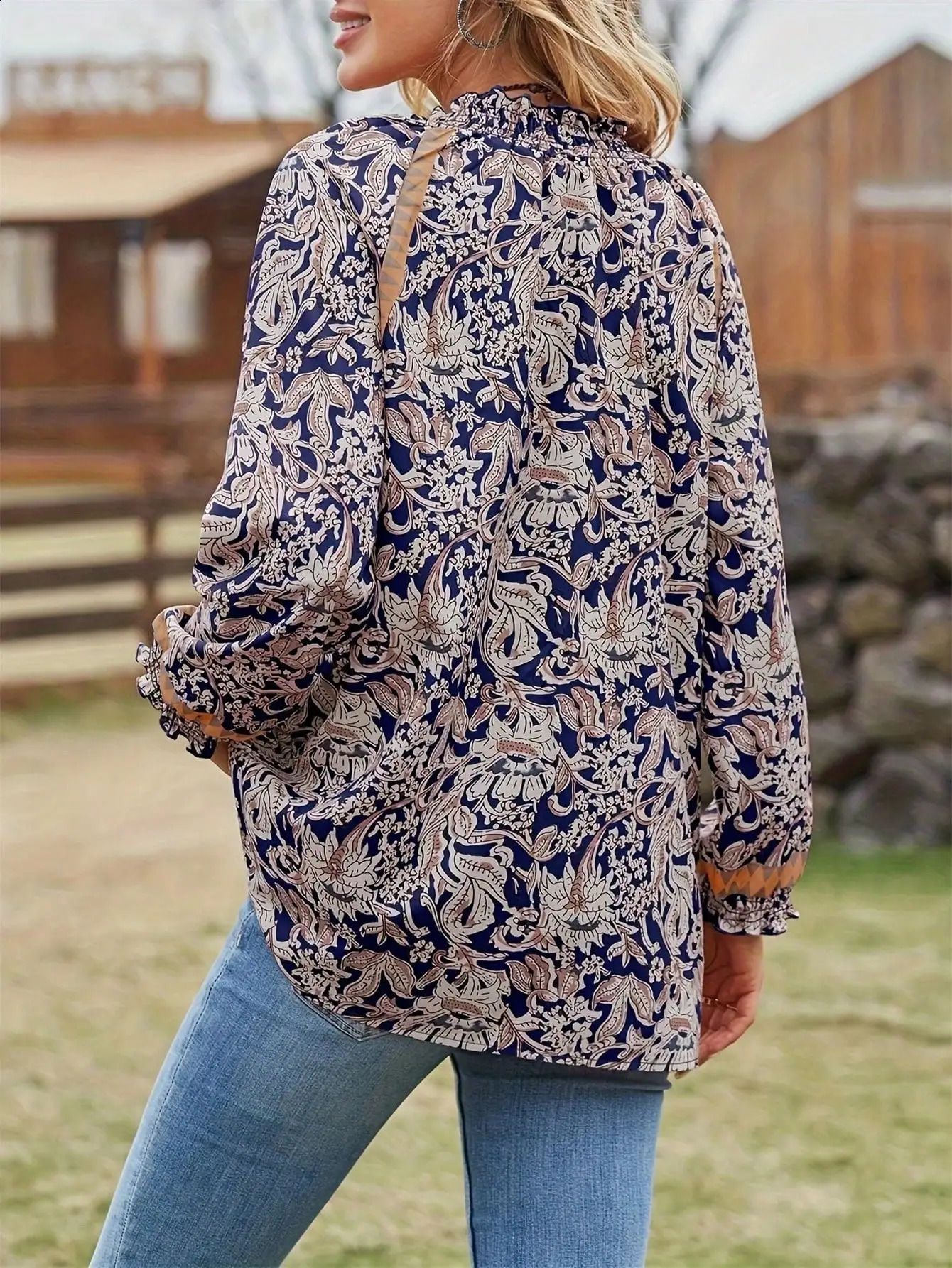 Womens SpringSummer Bohemian Printed Long Sleeve Tuned Shirt 240822