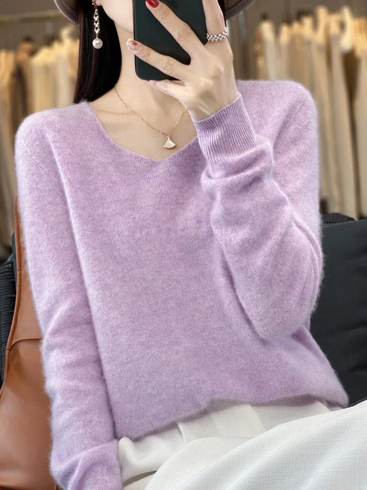 Fashion Women Cashmere Sweater 100% Merin Wool Pullover V-neck Casual Knitwear Long Sleeve Autumn Winter Basic Clothing Tops 240822