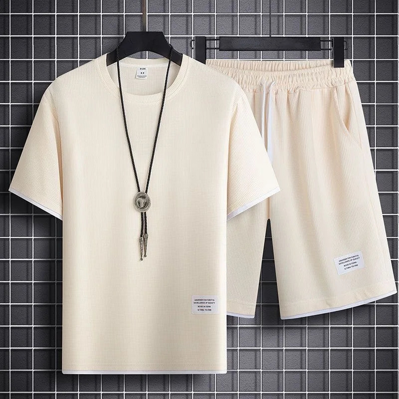 100% Cotton Waffle T Shirts Set For Men Short Sleeve Round Neck Tops Solid Color Casual Short Summer Waffle Two Piece Set 240822