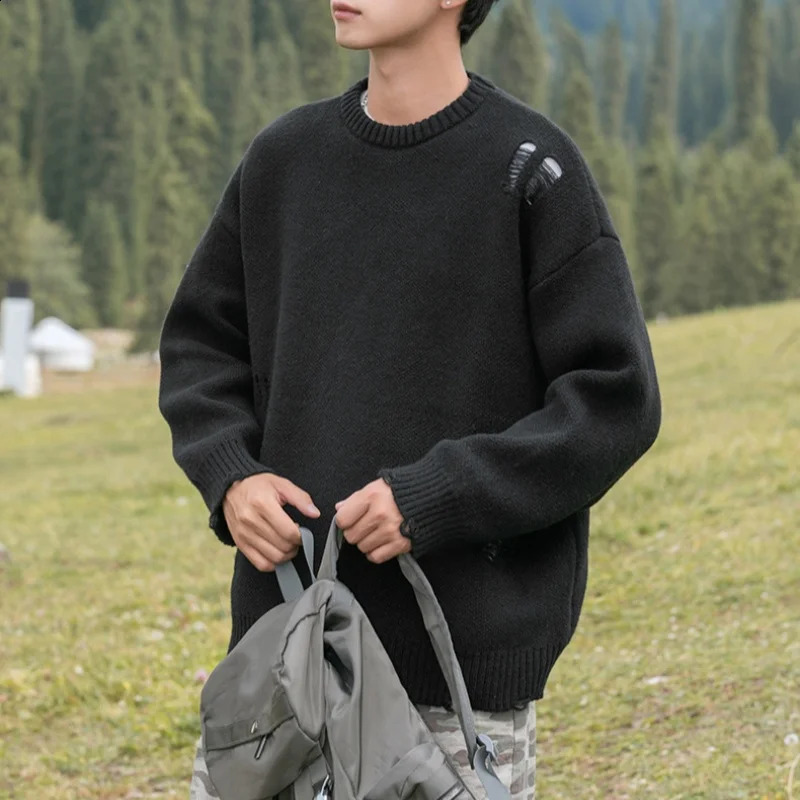 Retro Hollow Out Round Collar Pullover Sweater Mens Autumn Winter Velvet Loose Solid Color Knit Sweater Irregular Warm 240821