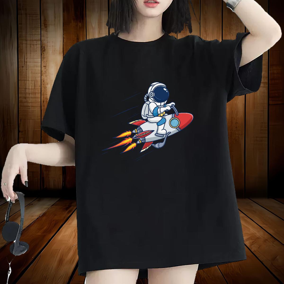 Brand Couples T Shirts 230g Pure Cotton cosmonaut Street T-Shirts for Women Breathable Short Sleeve Cartoon Printing L-4XL Clothes Shirt