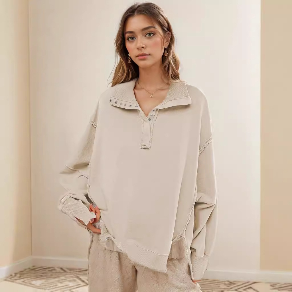 Decorative Line Design Sense Top Split Lantern Sleeve Polo Neck Sweater Coat Women's Spring and Autumn dongdumaoyi