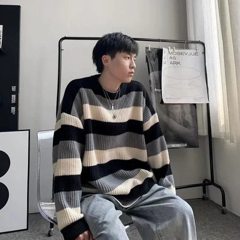 Mens Clothing Jacket Coat Pullovers Knit Sweater Male Striped Brown Cotton Korean Autumn Clothes Thick Winter Fun Heated Sheap 240821
