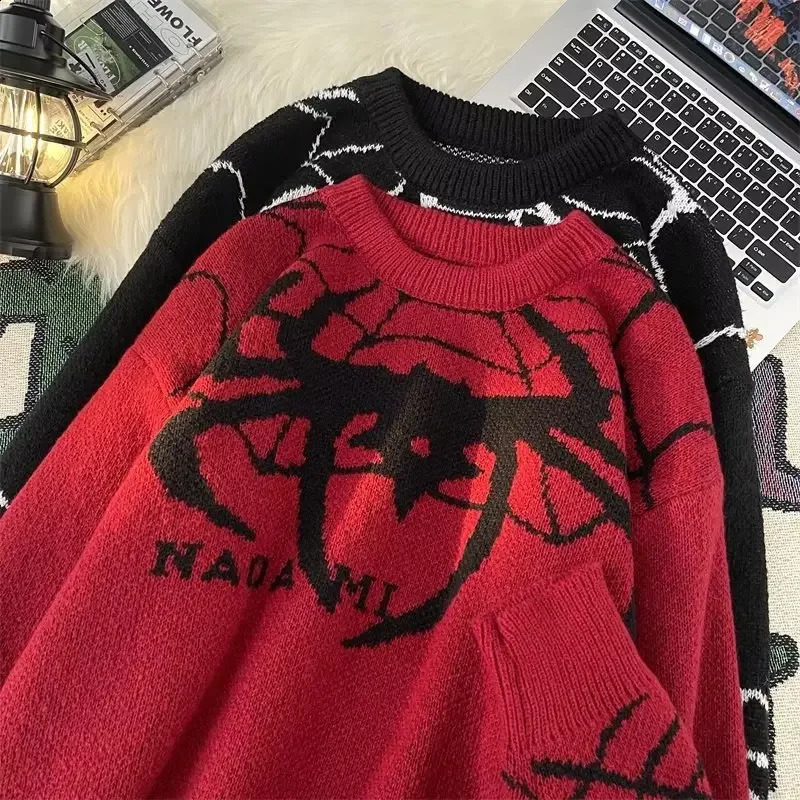 Trendy American Style Dull Black Vintage Flocking Spider Pattern Sweater Pullover Casual Loose-fit Sleeve Knitted Top Men Women 240821