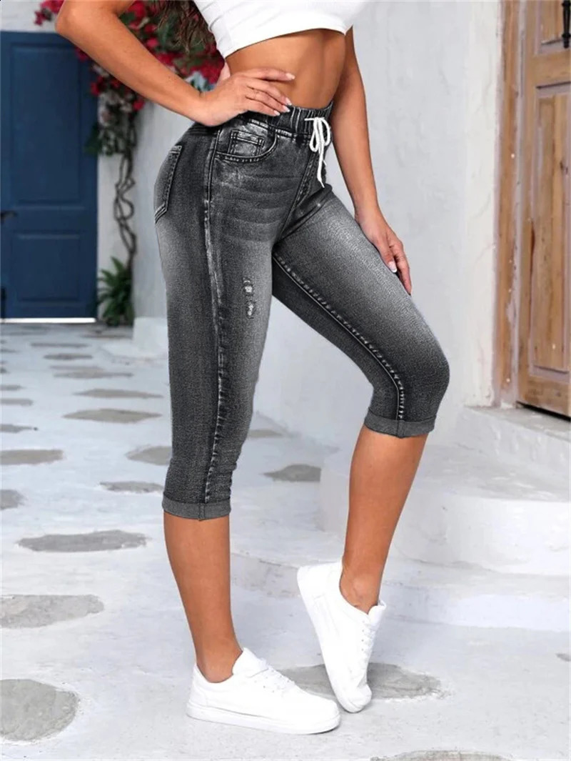 Summer Womens Elastic Waist Black Ripped Jeans Fashion High Stretch Calf-Length Denim Pencil Pants S-2XL 240821