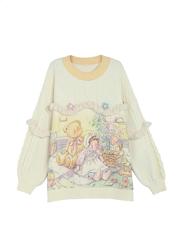 Womens Almond Graffiti Printed Pullover Sweater Harajuku Korean Y2k Long Sleeve ONeck Knitted Jumping Retro 2000s Clothing 240821