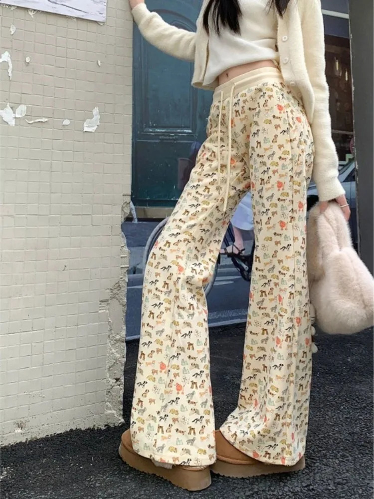 Kawaii Dog Print Pants for Women Y2k E-Girl High Waist Drawstring Flare Spring Straight Loose Wide Leg 240821