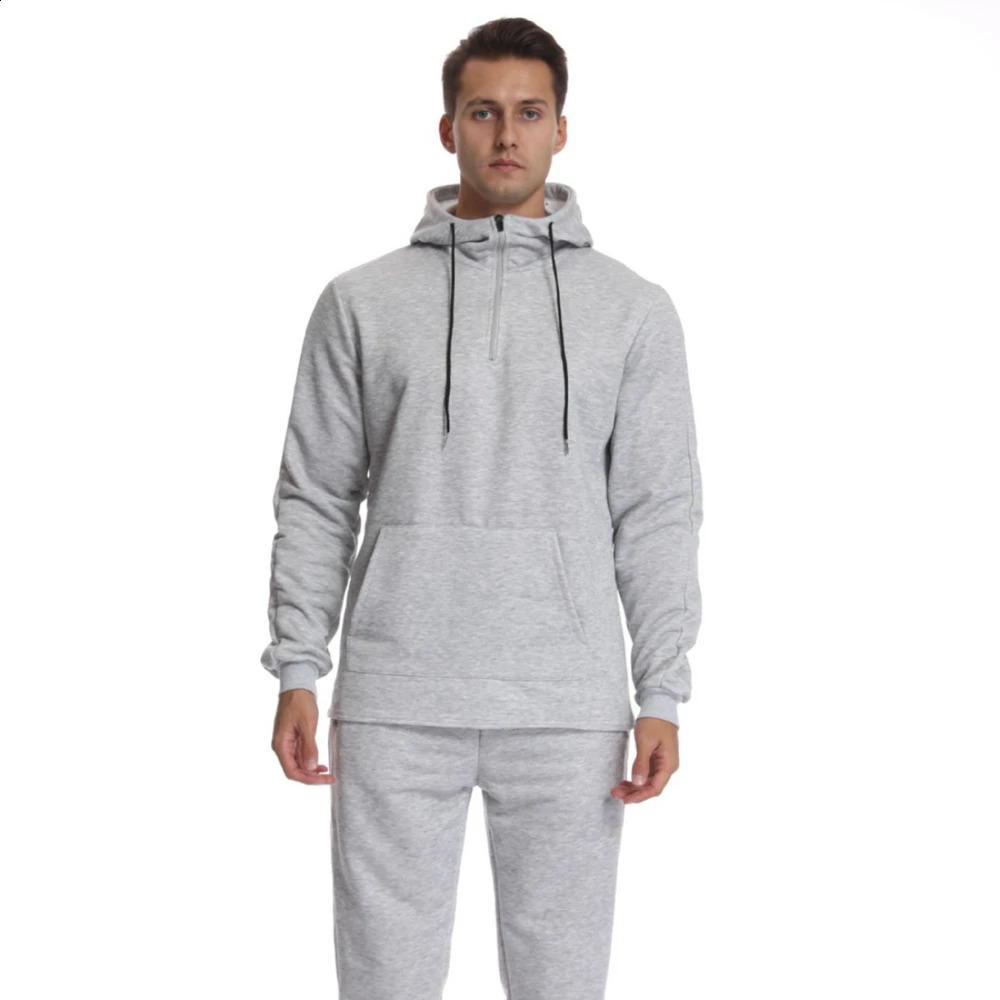 Mens sports training set gym fitness sportswear zipper jogging gray and black mens 240822