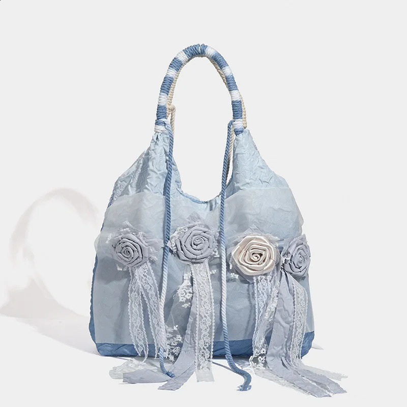 JIOMAY-Blue Vintage Large Capacity Tote Bag For Women Tie-dyed Fabric Accessory Rose Shoulder Bags High Quality Lace Handbag 240821