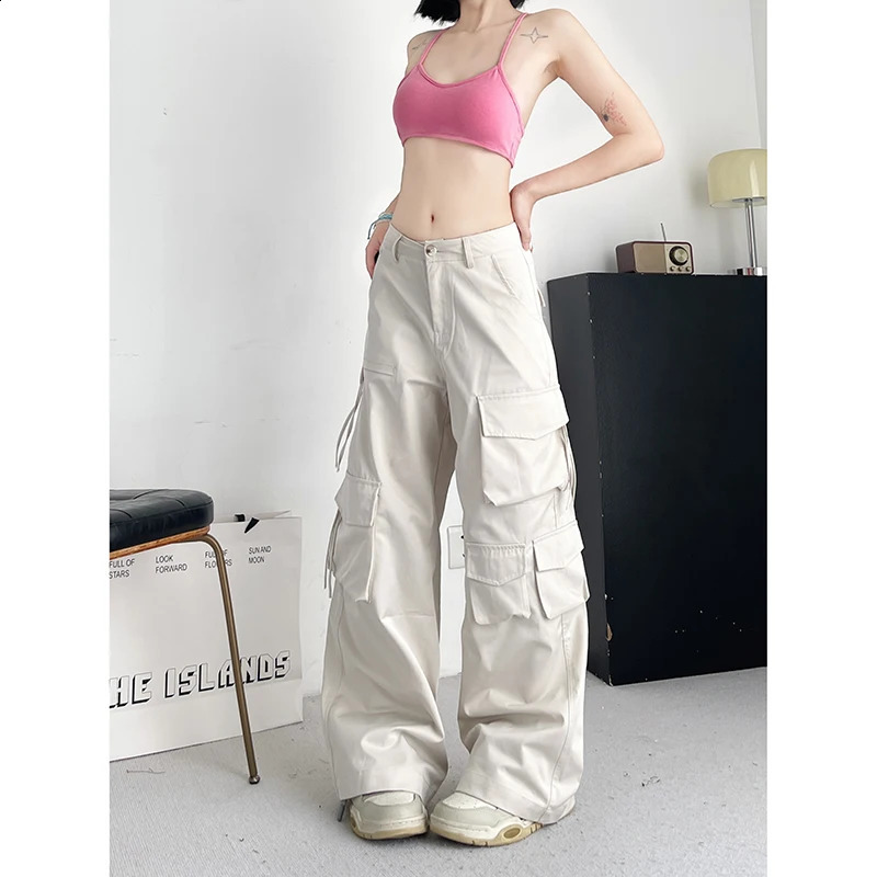 Womens Off Beige Cargo Pants Vintage Y2k Harajuku Aesthetic Streetwear Parachute Pants High Waist Wide Trousers 2000s Clothes 240821