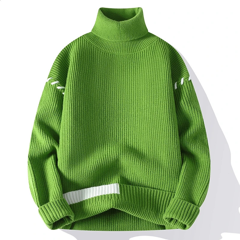 Fashion Youthful Vitality Mens Turtleneck Sweater Autumn Winter Loose Casual Knitted Pullovers Men Warm Patchwork Knitwear 240821
