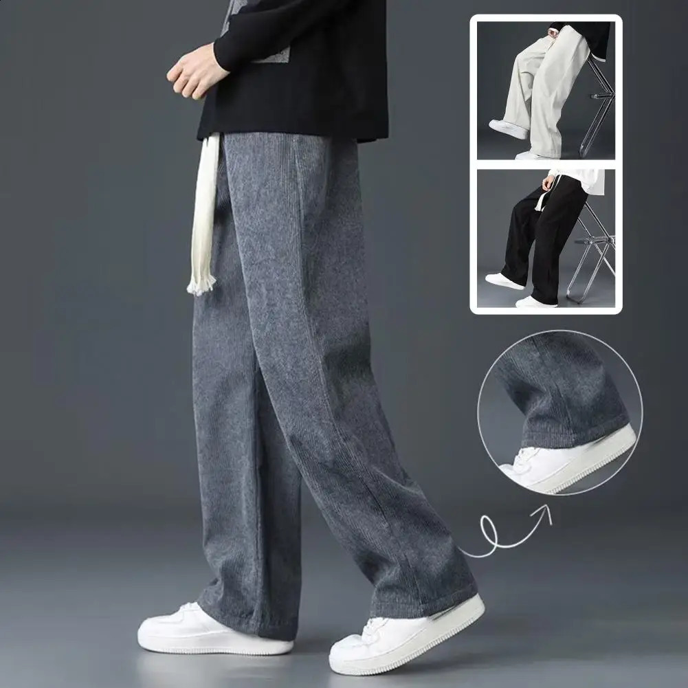 Men Solid Color Vintage Casual Straight Pants Spring Autumn Korean Fashion Wide Leg Trousers Men Street Corduroy Pants 240822