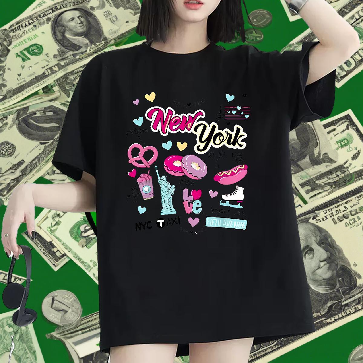 Female Womens Tshirts 100% Cotton 230g New York Spring Summer Women T Shirts Breathable Short Sleeve Plus Size Cartoon Wear