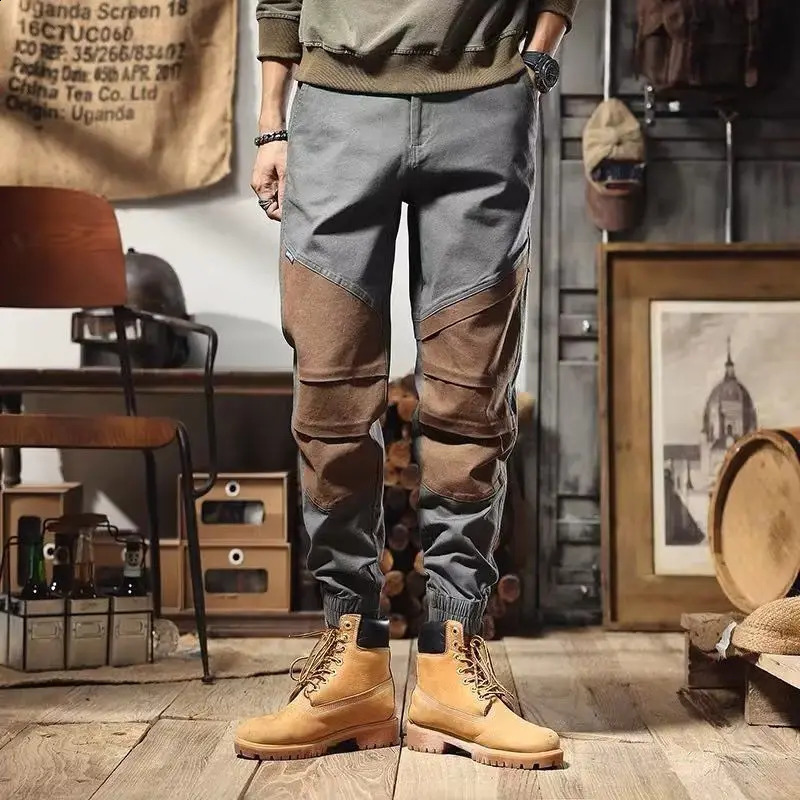 Mens elastic waist button zipper with spring and autumn patches solid color pockets pleats loose matching casual workwear pants 240821