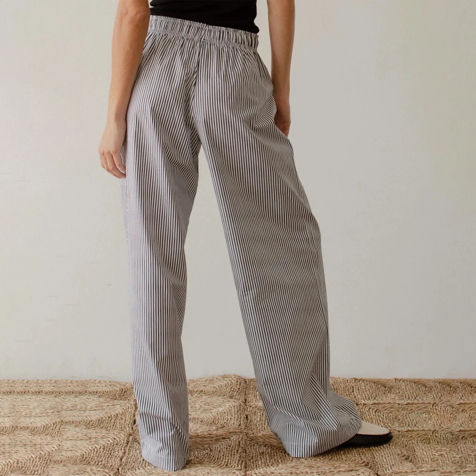 Combhasaki Women Y2K Aesthetic Wide-Leg Pants Stripe Drawstring High Elastic Waist Trousers Spring Fall Retro Sweatpants Bottoms 240821