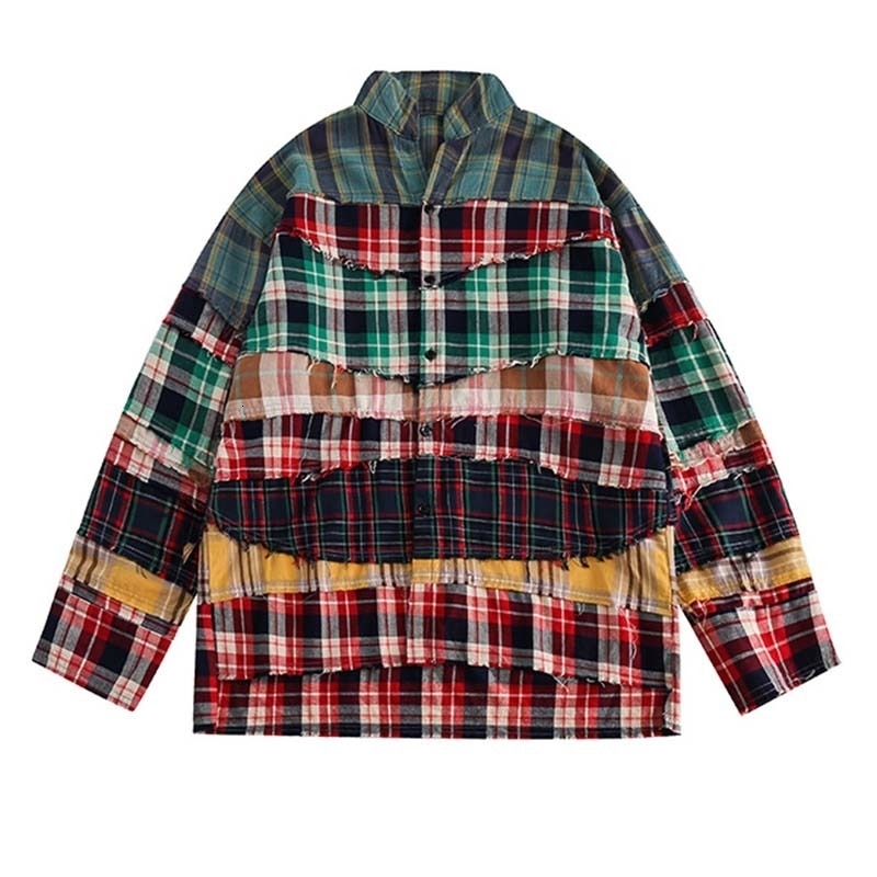 Super sized hip-hop colored block decal shirt Harakuju fashion long sleeved streetwear mens button up shirt 240821
