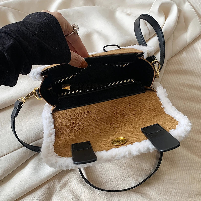 Small Tote Bag For Women VintageNubuck Leather Crossbody Bags er Lamb Wool Handbag Female Top Shoulder Bag Winter 240821