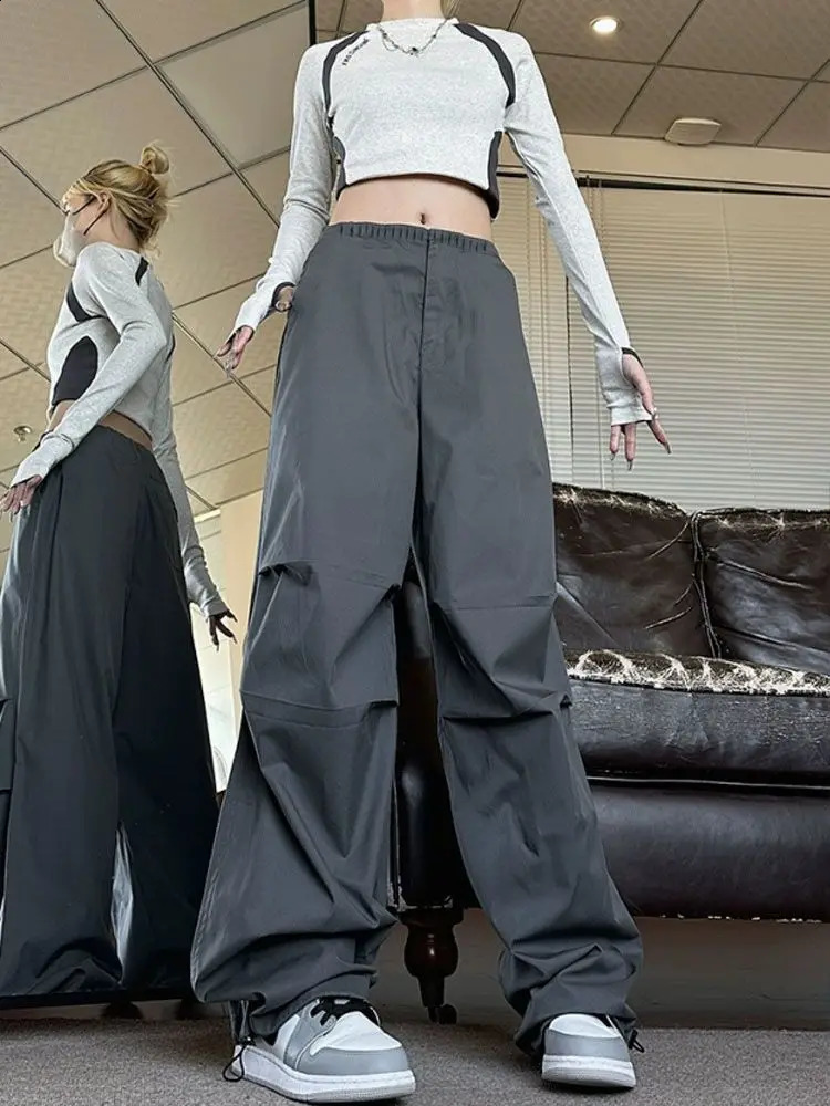 QWEEK Vintage Y2k Cargo Pants Women Folds Oversize High Street Fashion Baggy Sweatpants Korean Casual Wide Leg Jogger Pants 240821