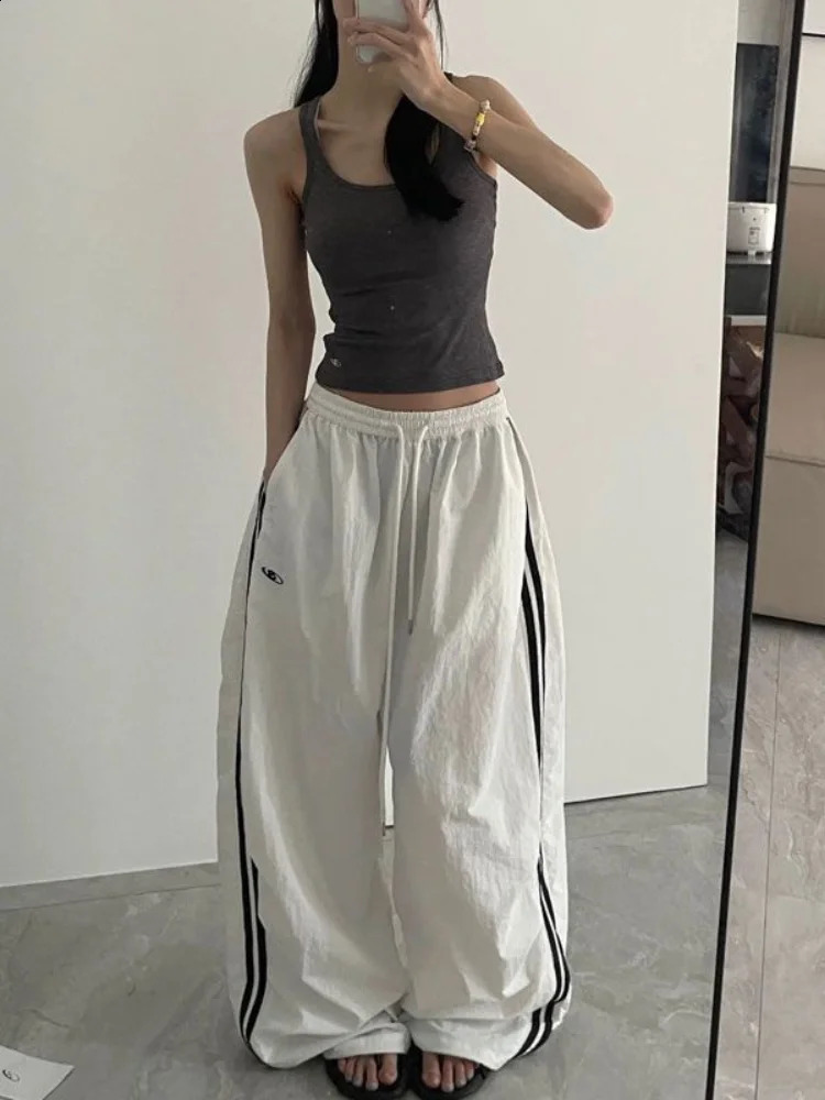 QWEEK Y2K Harajuku Vintage Striped Pants Women Loose Embroidery Wide Leg Casual High Waist Kpop Fashion Sweatpants 240821