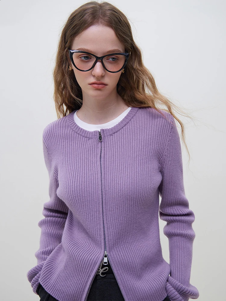 FSLE wool knitted cardigan womens autumn and winter retro round neck sweater jacket office casual loose 240821