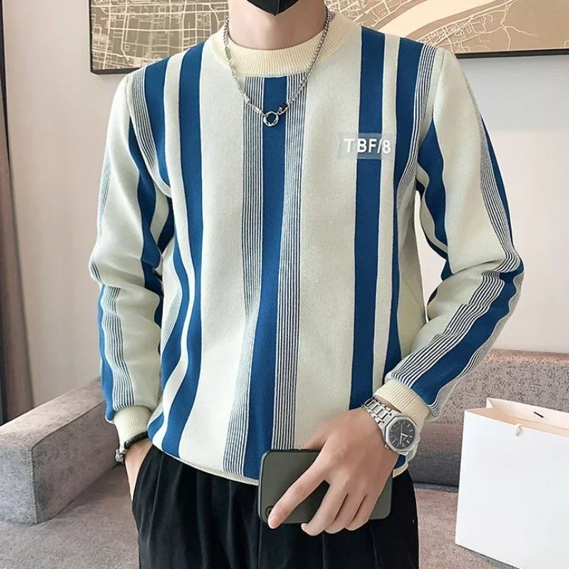 Mens Hoodless Striped Knitted Sweater Pulleys Logo n y Fun Korea Autumn A T 240821