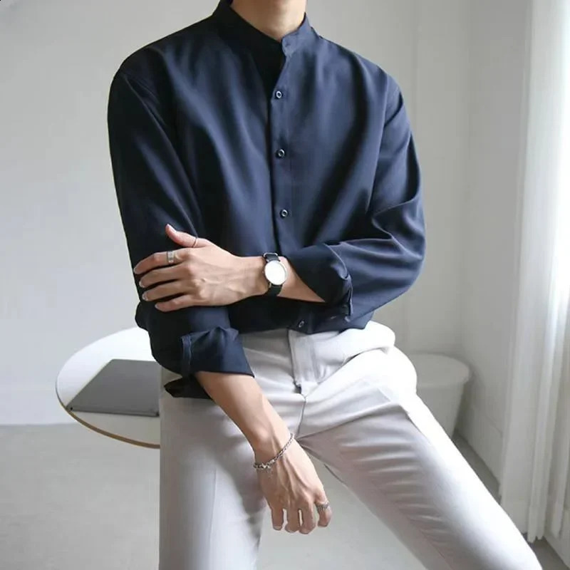 Men Spring Autumn Fashion Stand Collar Solid Shirts Men Long Sleeve Business Casual Shirts Male Loose Blouses I170 240822