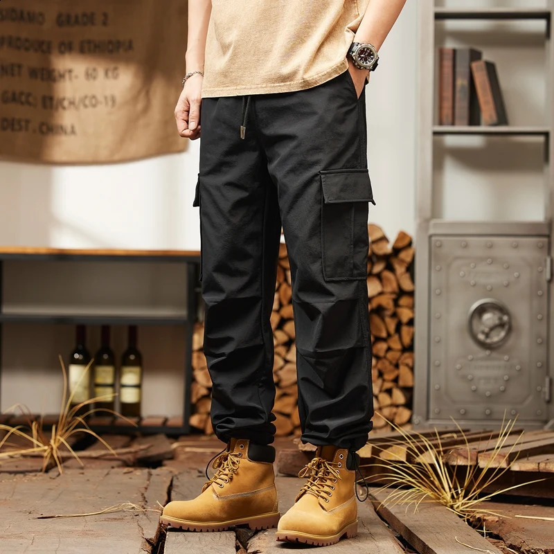 Street pleated mens pants fashionable loose casual solid color cargo multi pocket 240821