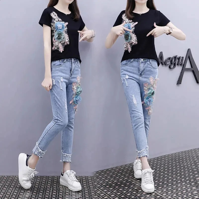 One-Piece/Set Summer Women Denim Pants Beaded Embroidery Short-Sleeved Small Feet Hole Jeans Female Two-Piece Suit425 240822