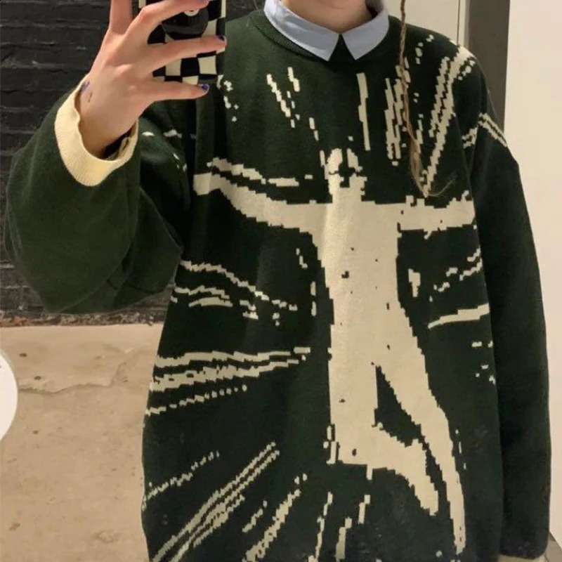 Green hiphop street gothic wool retro latte knit mens sweater Y2K Harajuku punk style EMO 240821