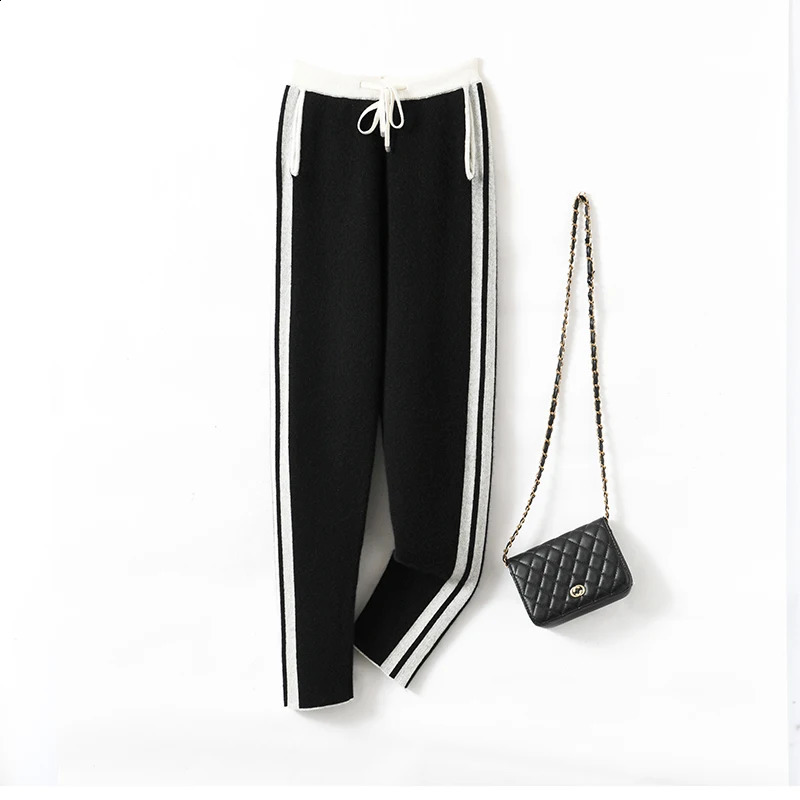 Autumn Winter Womans Pants Fashion Pencil Pants 100% Merino Wool Knit Long Trouser Elastic Mid-Waist Patchwrok Full Length Pant 240821