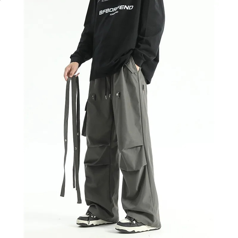 Autumn Mens Baggy Pants Ribbons Pockets Knee Pleated Loose Long Straight Hip Hop Trousers Male Oversized Cargo Pants 240822