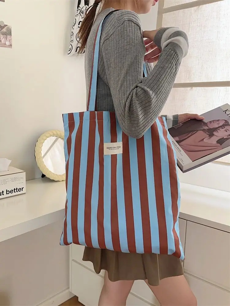 Women Canvas Stripe Tote Shoulder Bags Large Capacity Foldable Eco Cotton Cloth Handbag Female Casual Travel Shopping School Bag 240822