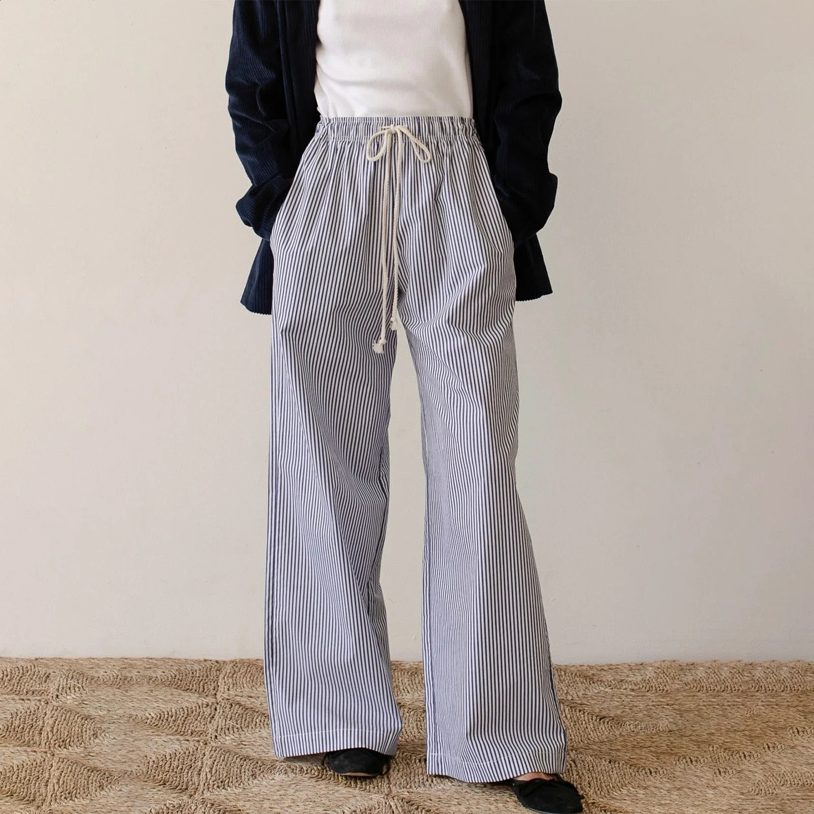 Combhasaki Women Y2K Aesthetic Wide-Leg Pants Stripe Drawstring High Elastic Waist Trousers Spring Fall Retro Sweatpants Bottoms 240821