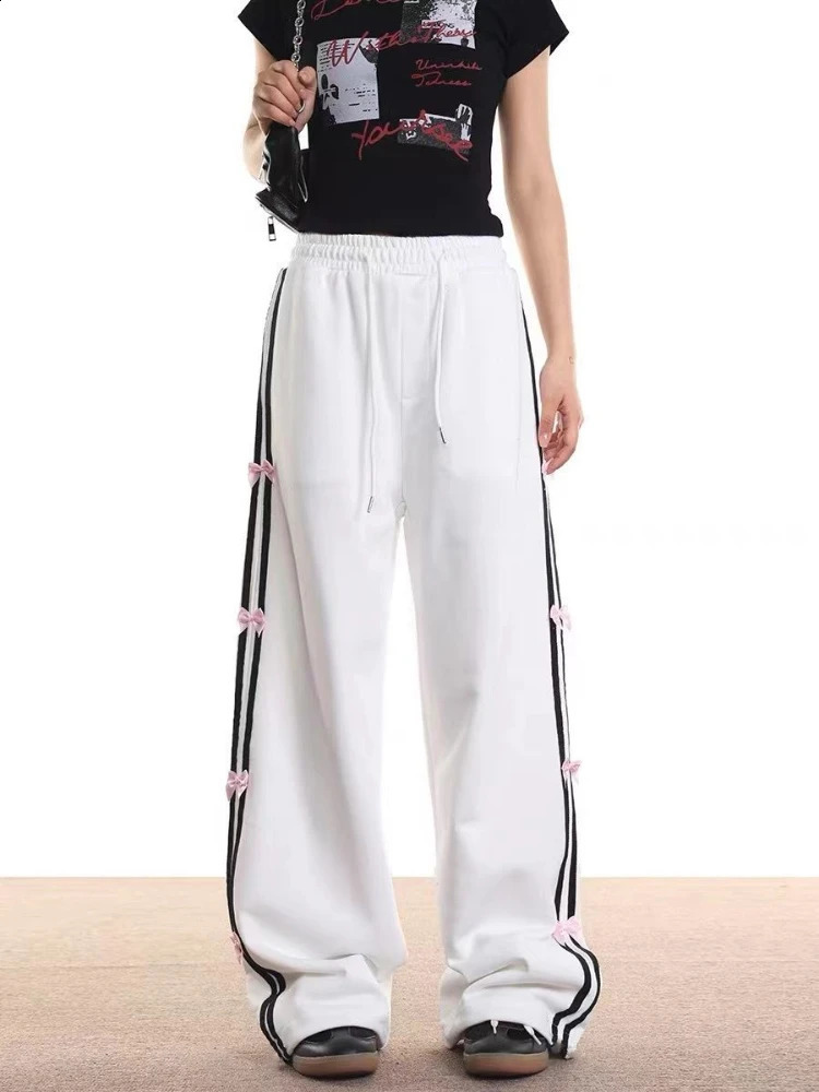 ADAgirl Oversize White Bow Joggers Women Y2k Hip Hop Fashion Stripe High Waist Wide Leg Sport Pants Streetwear Casual Sweatpants 240821
