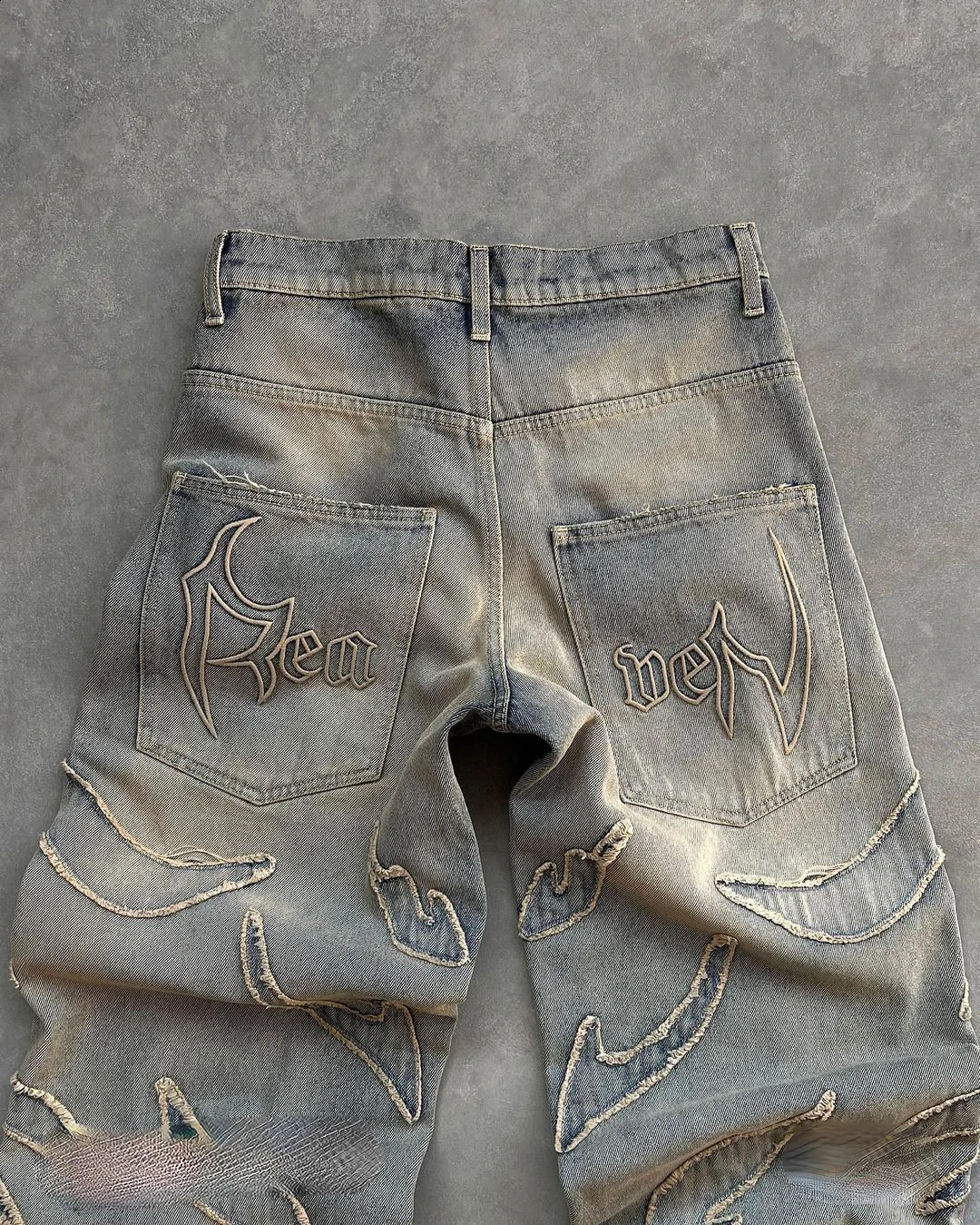 Y2k Retro Street Raw Edge Embroidery Baggy Ripped Jeans Men Hip Hop Pattern Patchwork Wash Denim Pants Women Streetwear Clothing 240821